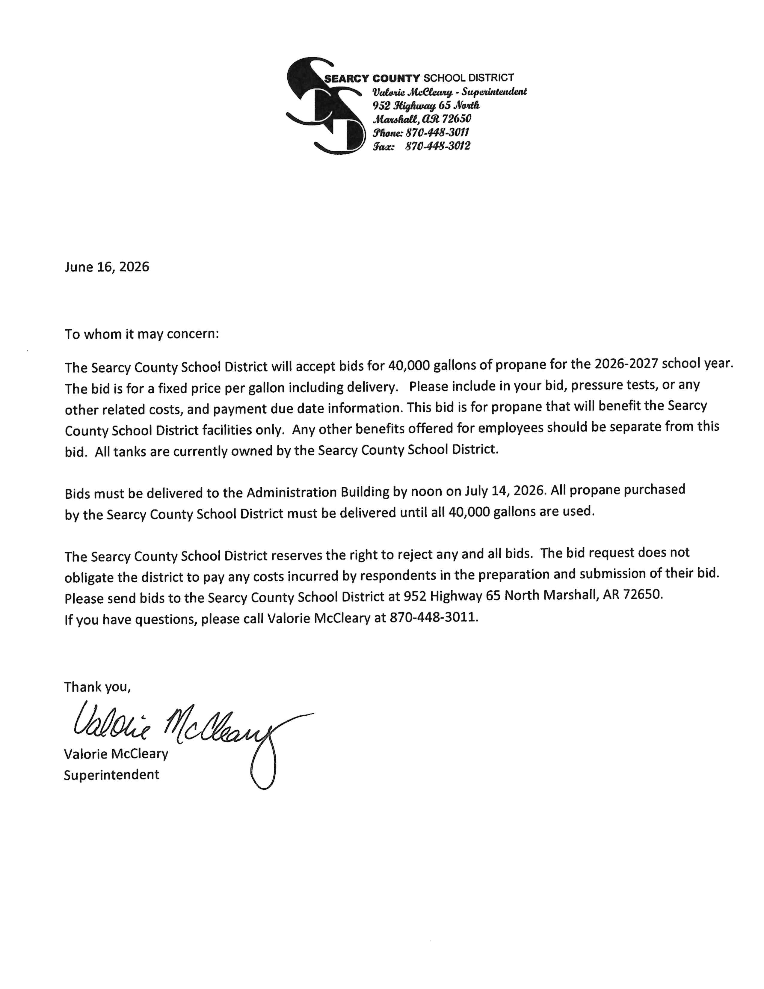 SCSD is accepting bids for propane for the 2026-27 school year
